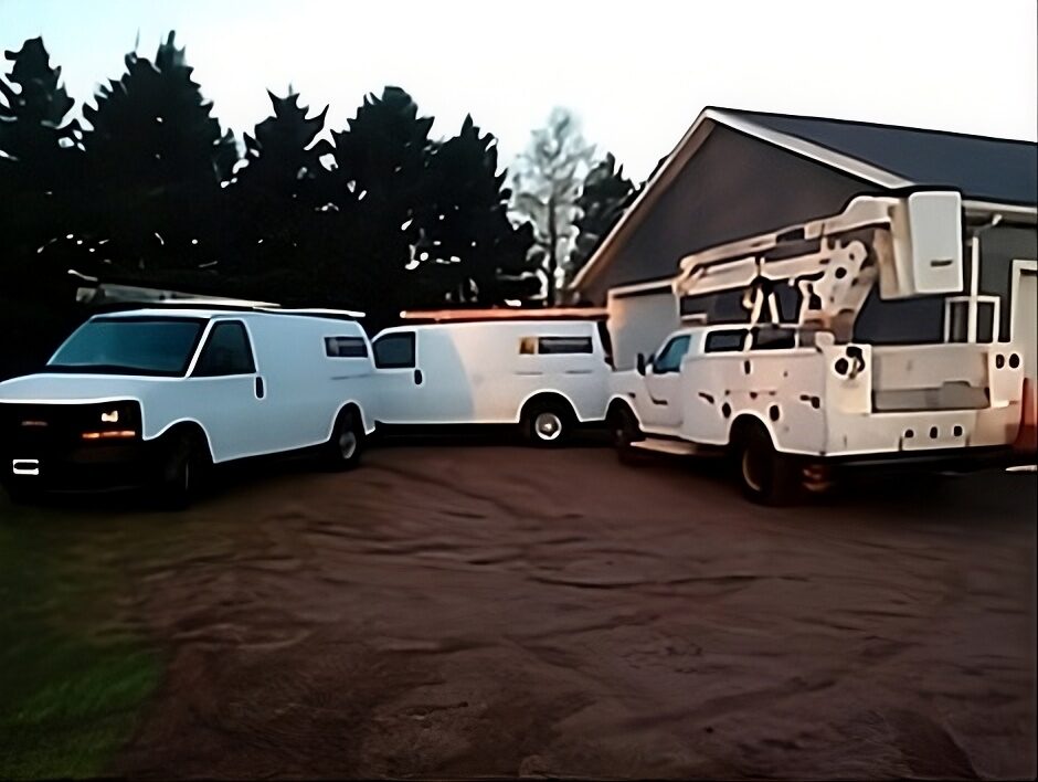 MacKinnon Electric fleet including service vans and a boom truck