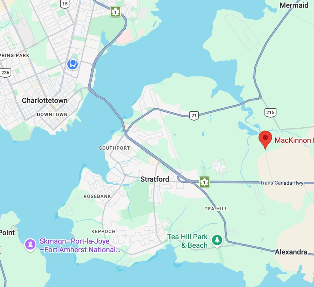Map showing MacKinnon Electric in Mt Herbert, just east of Stratford and Charlottetown